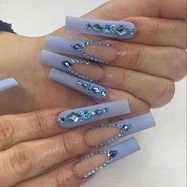 Press on Nails Long Square Fake Nails Blue French Tip False Nails with 3D Rhinestones Designs Glossy Full Cover Acrylic Stick on Nails for Women 24 Pcs (Blue-01, L-01)
