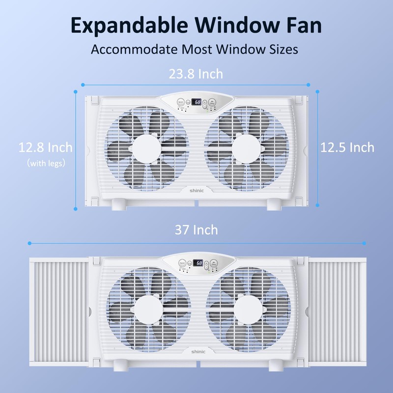 shinic Twin Window Fan, 9-Inch Blades Reversible Airflow, Thermostat Control,