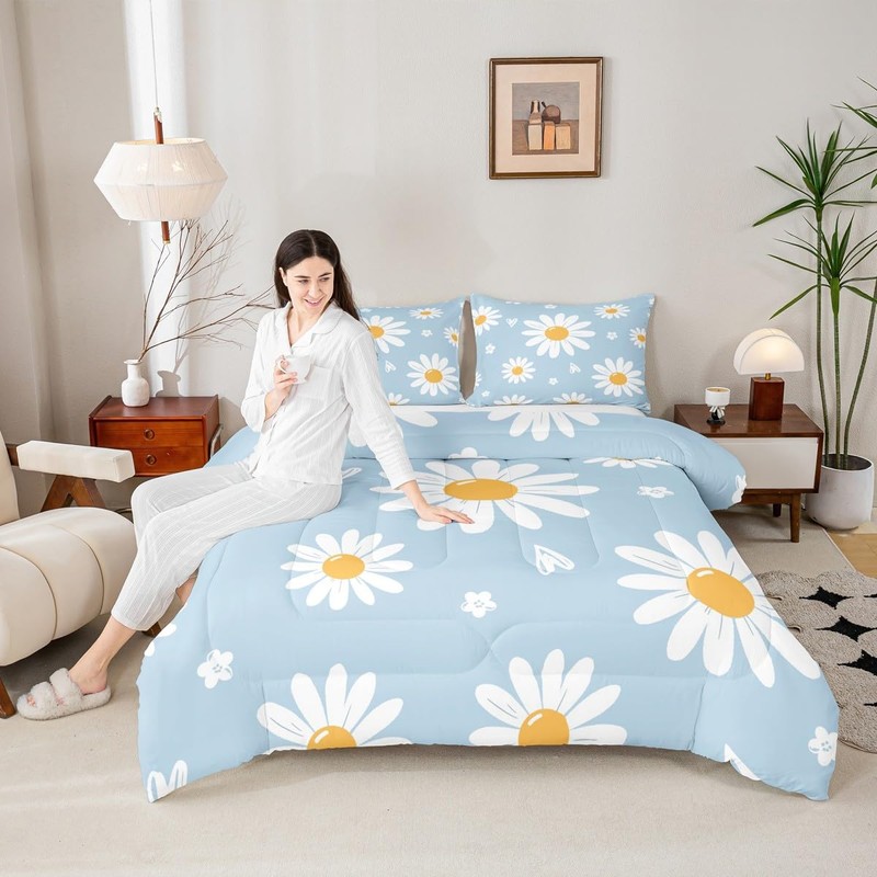 Homewish Daisy Comforter Set Twin Size White Flower Leaves Bedding