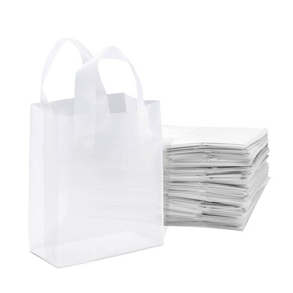 Plastic Bags with Handles - 50 Pack Small Frosted White Gift Bags with Cardboard Bottom, Clear Shopping Totes in Bulk for Retail, Merchandise, Business, Boutique, Thank You, Take Out, Parties - 8x4x10