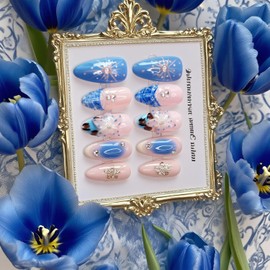 Handmade Press on Nails Medium Almond Fake Nails Summer 3D False Nails Luxury Cute Flower Full Cover Stick on Nails Glue on Nails Floral Nails Acrylic Nails for Women Girls (Blue Summer M)