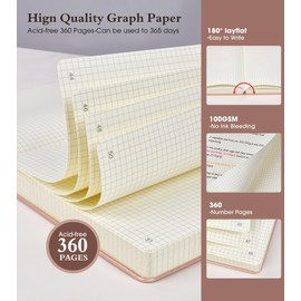 Ansopu Graph Paper Notebook Journal, 360 Numbered Pages Grid Notebooks 8.5 x 11, Thick 100gsm Paper Graphing Journals for Women Men, A4 Large Hardcover Graph Leather Journals for Writing Pink