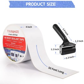 Touranize RV Roof Tape with Rubber Roller, 4 Inch x 50 Feet RV Sealant Tape for Camper Roof Repair, Boat Sealing, Trailer Roofing Seam Leaks, UV Resistant, Waterproof, White