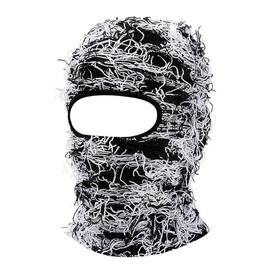 Distressed Balaclava Ski Mask for Men Women Knitted Balaclava Distressed Windproof Shiesty Full Face Mask for Cold Weather - Color: Black White