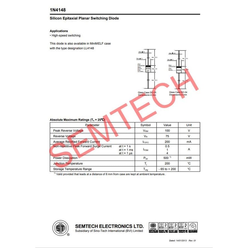 IN4148 200mA 75V Small Switching Signal Diode DO-35 100 Pack