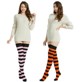 BABAHU Ladies Extra Long Cotton Striped Thigh High Socks, ZZ-02 Purple/Orange/Pink