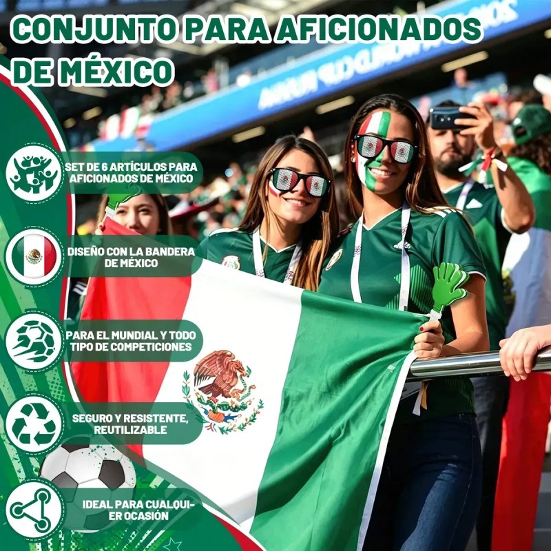 Set 6 Piezas Hincha Mexicano, Kit Para Futbol Y Celebracione