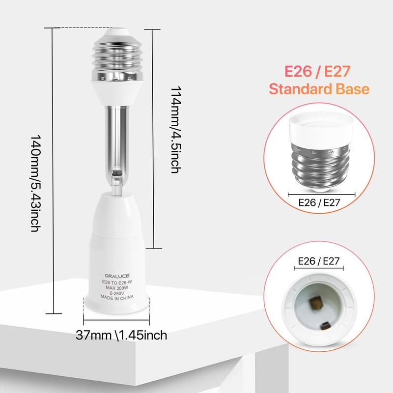 ORALUCE Light Socket Extender, E26 to E26 Adapter, Adjustable 180