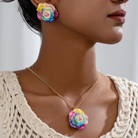 HWJQ 2Pcs Colorful Rose Necklace Earrings Set for Women Statement Flower Pendant Necklace Trendy Floral Dangle Earrings Rose Jewelry Gift