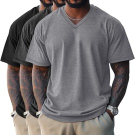Ficerd 3 Pack Men's Cotton Half Sleeve Shirts M-7XL Regular and Big Tall V Neck Curved Hem Loose Casual Summer Basic Tee(Black, Dark Gray, Light Gray,XX-Large)