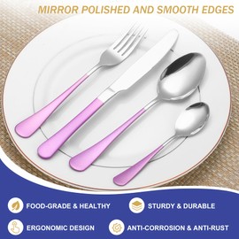 FTNESGYM 24 Pieces Silverware Set, Stainless Steel Cutlery Set with Holder, Flatware Set for 6 Person Tableware Set Includes Dinner Knives Forks Spoons Teaspoons, Mirror Polished (Purple Silver)