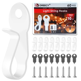 60 Pack Hooks for Outdoor String Lights Clips, Metal Heavy Duty String Light Hook with Screw & Adhesive Strips, Christmas Light Clips for Outside or Indoor Holiday Decor, Fairy Led Lights, Etc. White