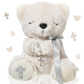 MiniInflat Blessed Plush Bear 10 Inches with Rosary Set Dedication and Baptism Gifts for Girl Boy First Communion Catholic Christening Gifts for Girls Plush Toy Praying Plush Animal, Bear