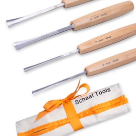 Schaaf Wood Carving Tools, 4pc Detail Chisel Set with Canvas Case | Fishtail Gouges to Reach into Spaces Other Chisels Can't | Sharp, Quality-Tested CR-V 60 Steel Blades