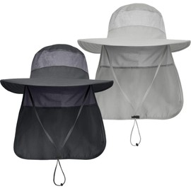 IYEBRAO 2 Pack Mens UV Protection Sun Hat with Neck Flap Summer Foldable Mesh Boonie Cap for Fishing Hiking Garden Work, Dark Grey＆light Grey, One Size