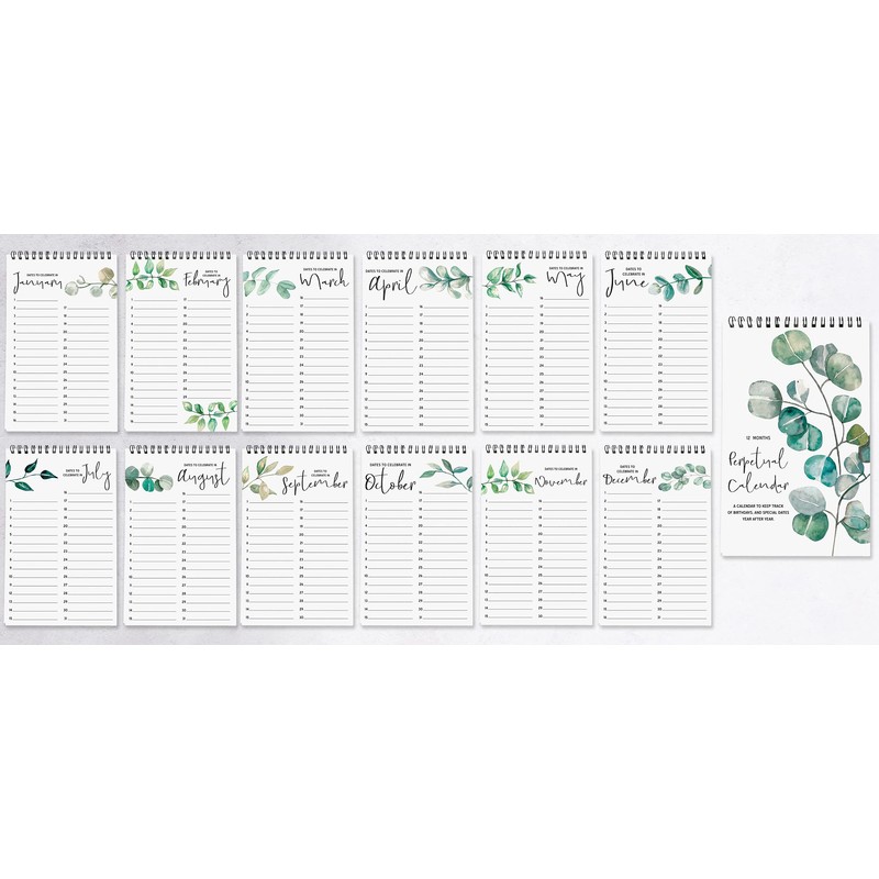 Inkdotpot Greenery Perpetual Calendar, Important Dates to Remember- 6x9 Monthly