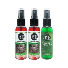 JYE Kit Tratamiento natural para el Crecimiento de Barba, Bigote y Cabello. Tratamietno natural anticaída. Incluye Loció Mas Barba y Shampoo de Bergamota