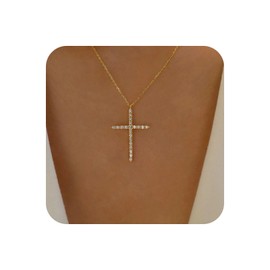 Yienate Boho Crystal Cross Necklace Choker Vintage Rhinestone Cross Pendant Necklace Statement Cross Charm Gold Necklace Chain Minimalist Faith Crucifix Necklace Jewellery for Women, Zinc, No Gemstone