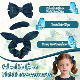 6pcs Uniform Hair Accessories for Girls, 2 Back to School Bows Clip 2 Plaid Bunny Ear Bowknot Scrunchies 2 Snap Barrettes Long Tail Hair Bow Set for Toddler Little Girl (Dark Green, Navy, Yellow, Red)