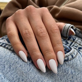 All White Press on Nails Medium Stiletto Almond,KQueenest Matte Pure Color Acrylic Nails Set Reusable Fake Nails with Feature Protective UV Coating for Women Nail Art Manicure in 24PCS