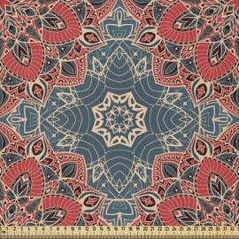 ABAKUHAUS Mandala Fabric Sold by the Metre, Culture Flowers, Microfibre Fabric for Decorative Crafts, 1 m (230 x 100 cm), Dark Coral Blue Grey Beige