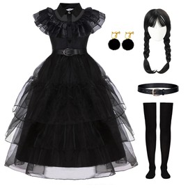 Akokvlar Black Costume Dress for Girls Wig Belt Earrings Socks Dress Up Suit (12 Years, All Black Set)