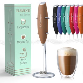 Elementi Milk Frother Wand & Drink Mixer with Stand - Powerful Coffee Frother Handheld Coffee Mixer Wand - Hand Held Milk Foamer to Make Perfect Cappuccinos, Lattes & Drink Mixes at Home (Mocha)