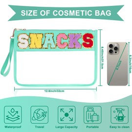 TESAFNG TESAFNG Snack Bag for Travel - Clear Chenille Varsity Letter Flat Pouch with Zipper, Waterproof Clear PVC&PU Preppy Patch Makeup Cosmetic tote Bags for Women (Green-Snacks)