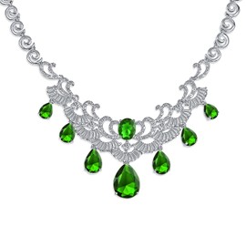Vintage Estate Jewelry Art Deco Style Baguette AAA CZ Simulated Emerald Green Large Dangling Teardrops Bib Statement Bridal Collar Necklace For Women, Wedding