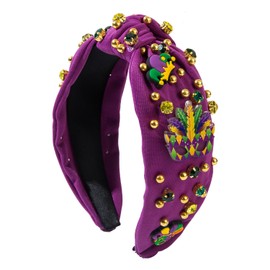 Poememgi Mardi Gras Jeweled Headband, Embellished Crystal Pearl Knotted Headbands, Wide Top Knot Headband for Women
