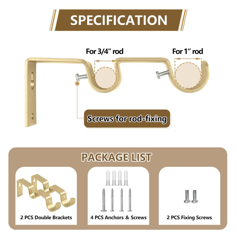 KAMANINA Heavy Duty Double Curtain Rod Bracket for 1 and