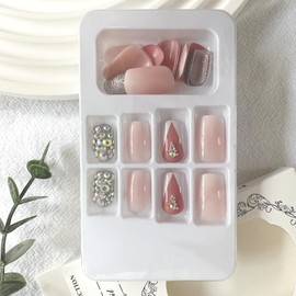 Pink Press on Nails Short Square Fake Nails Ombre Pink False Nails with Designs Rhinestone Glue on Nails Glossy Full Cover Acrylic Nails Cute Artificial Stick on Nails for Women Nails Manicure 24Pcs