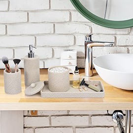 Juego de 4 accesorios de baño color beige, soporte para cepillo para polvo de dientes, dispensador de jabón de loción, dispensador de soporte Qtip,