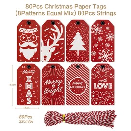 Red Xmas Gift Tags, 80pcs 8 Design Kraft Paper Christmas Labels with 80pcs Cotton String for Christmas Birthday Gift or Christmas Tree Decoration