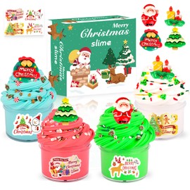 Jigejunfa 4 Pack Butter Slime Kit Christmas Charms Mix Ins for Girls Boys, Holiday Slime for Christmas Stocking Stuffers, Premade Xmas Slime Kids Party Favors, with Santa Claus,Xmas Tree, Wreath