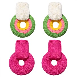 2 Pairs Statement Raffia Drop Earrings Boho Handmade Woven Rattan Earrings Lightweight Summer Beach Straw Wrapped Hoop Geometric Dangle Earrings for Women Hot Pink
