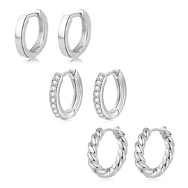 3 Pairs 925 Sterling Silver Hoop Earrings for Women Silver huggie Hoop Earrings Set Womens Sleeper Earrings Ear Piercing Huggie Earrings Small Hoop Earrings for Women Girls