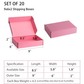 DUZCLI Small Shipping Boxes 9x6x2 Inches – Pink Corrugated Cardboard Boxes (20-Pack) for Mailing, Packing, Small Business & Gift Packaging - Recyclable & Sturdy