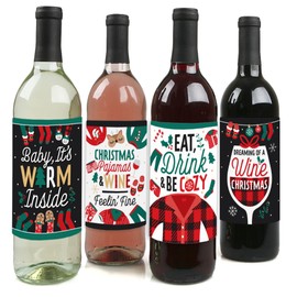 Big Dot of Happiness Christmas Pajamas - Holiday Plaid PJ Party Decorations for Women and Men - Wine Bottle Label Stickers - Set of 4