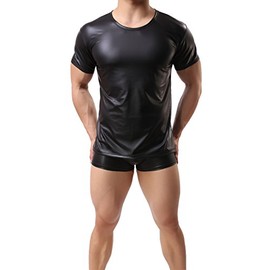 ONEFIT Mens Black Shirts Faux Leather T-Shirt Solid Short Undershirt Muscle Shirts XL