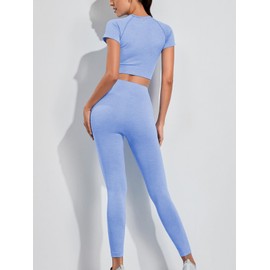 SHEKINI Seamless Tracksuit for Women 2 pcs Outfits Workout Joggers High Waist Leggings Yoga Short Sleeves Crop Tops Gym Sets