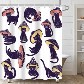 iTapnoom Funny Cat Mushroom Shower Curtain Set for Bathroom Decor, Blue 70s 80s Novelty Art Aesthetic Unique Fun Fabric Shower Curtains Washable Polyester Waterproof with 12 Hooks, 72x72 Inch