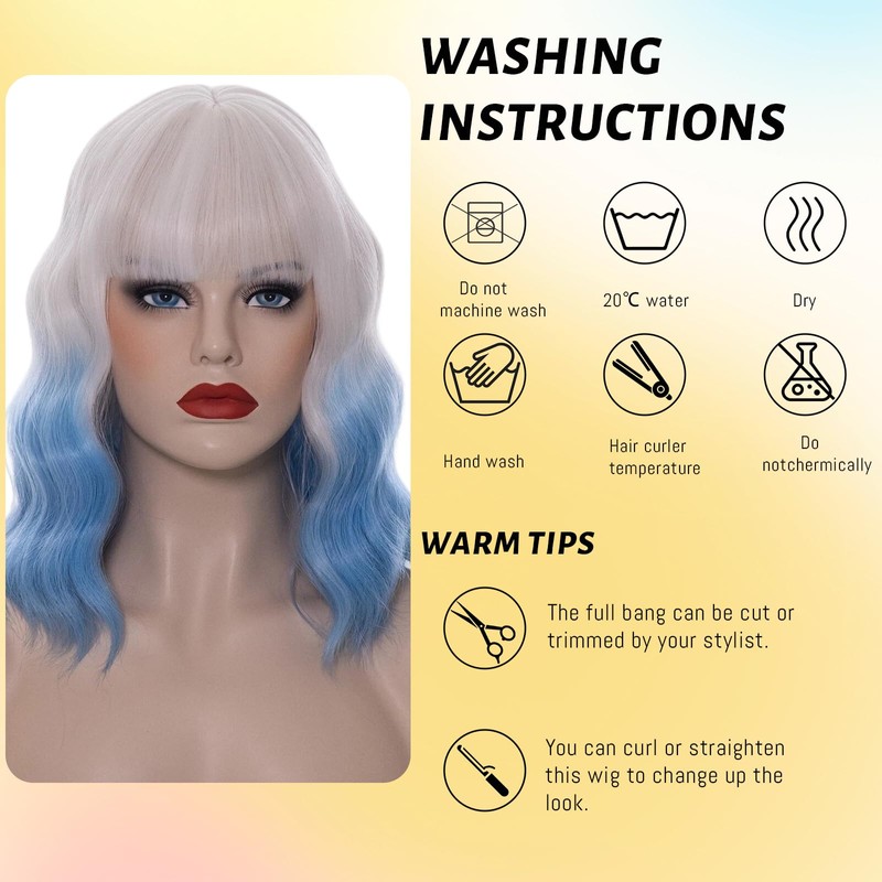 14" White Ombre Light Blue Short Bob Wavy Curly Bangs