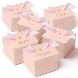CHolic 50Pcs Party Favor Candy Box, Thank You Pink Gift Candy Box with Ribbons for Birthday Party, Bridal Shower, Wedding Decorations, Candy Table Decorations