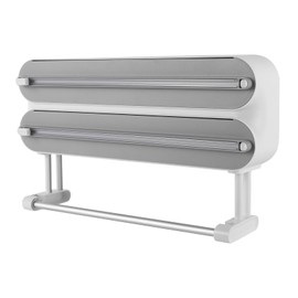 3-in-1 Wall Roll Holder Kitchen Roll Holder Cutting Dispenser for Aluminium Foil and Kitchen Roll - Wall Mountable Kitchen Shelf with Sharp Blades for Kitchen and Restaurant (Grey)