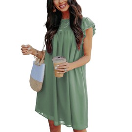 KIRUNDO Wedding Guest Shift Dresses for Women Short Spring Summer Ruffle Cap Sleeve Chiffon Babydoll Flowy Mini Sundress(Bean Green, X-Large)