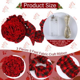 3 Rolls Buffalo Plaid Garland Christmas Tree Garland with Led Lights Buffalo Plaid Christmas Decorations Garland Christmas Garland Ribbon for Crafts Decor, 27 Feet