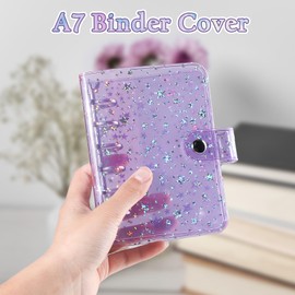 NEWEST A7 Binder Cover PVC 6-Ring Binder Cover with Snap Button Closure Refillable Loose Leaf Folder Notebook for 6 Holes Planner Pages Insert Budget Sheet Cash Envelopes Binder Pockets, Star Glitter