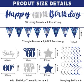 Blue Silver 60th Birthday Decorations for Men Women, Happy 60th Birthday Banner Stars Sixty Hanging Swirls Cheers to 60 Bday Decor Party Supplies Sign