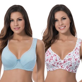 Curve Muse Ladies Plus Size Unlined Balconette Cotton Lace Bra 2 or 3 Pack, Starlight blue, white print (2 pack), 95F